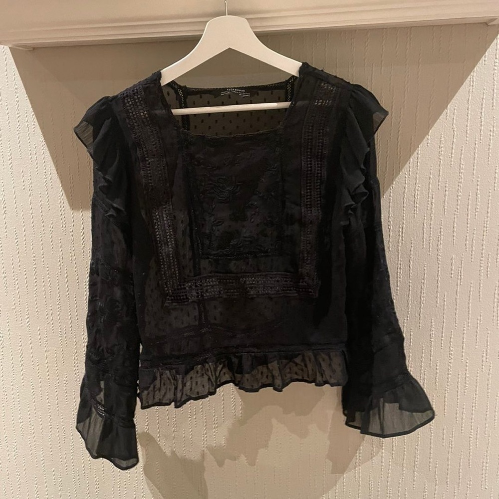 Zara WOMEN black ruffled long sleeve boho lace sheer top